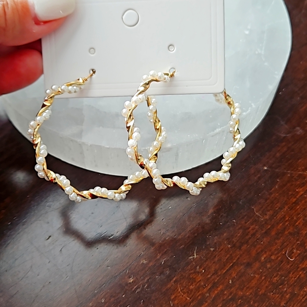 Pearl and Gold Twist Hoop Earrings